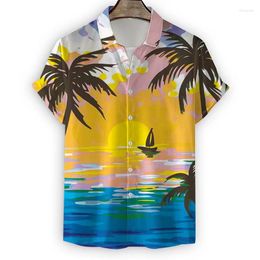 Camisas casuales para hombres Camisa de palmeras hawaianas para hombres Vacaciones de verano Vacaciones 3D Topas de manga corta Botón de calle fresca Blusa de solapa