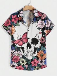 Casual shirts voor heren Hawaiiaanse gepersonaliseerde schedelbloemprint en dames korte mouwen aan zee revers button-down shirt tops