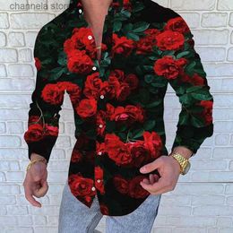 Chemises décontractées pour hommes Chemise imprimée rouge hawaïenne Mode pour hommes Casual 2022 Automne Chemise à manches longues pour hommes Robe de soirée florale Danse M-3XL T231010
