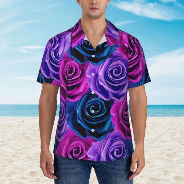 Camisas casuales para hombres Camisa hawaiana Playa Rosa y azul Blusas de rosas Estampado de flores Hombre elegante Mangas cortas Ropa de estilo callejero