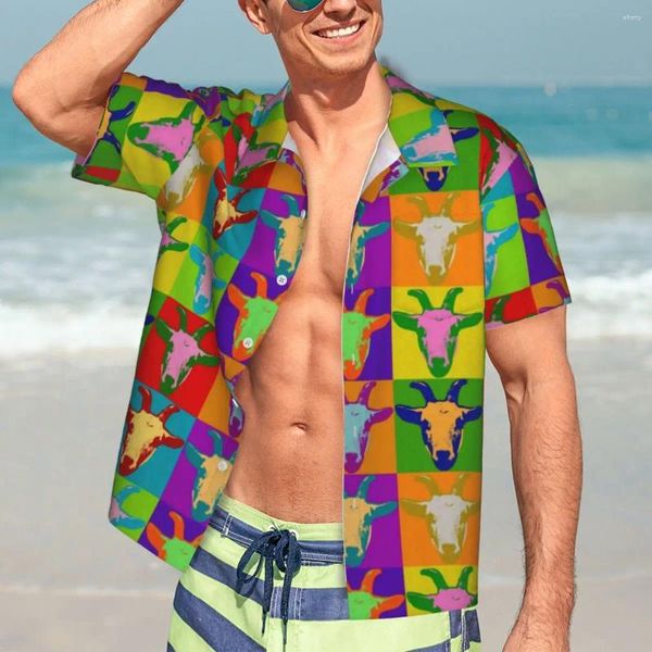 Camisas informales para hombre, camisa hawaiana, blusas con estampado de animales de granja de playa, arte de cabra, ropa Vintage de manga corta para hombre Harajuku