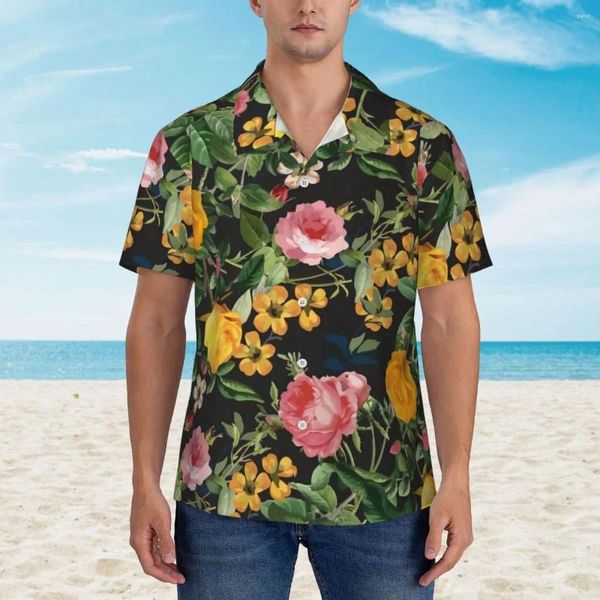 Camisas casuales para hombres Camisa hawaiana Blusas con estampado de flores de playa Rosas rosadas amarillas Ropa cómoda de manga corta para hombre suelta