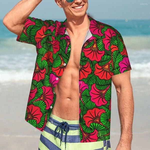 Camisas informales para hombre, camisa hawaiana, blusas con estampado de flores rojas para playa, Petunia Capulana, Tops Vintage de manga corta para hombre