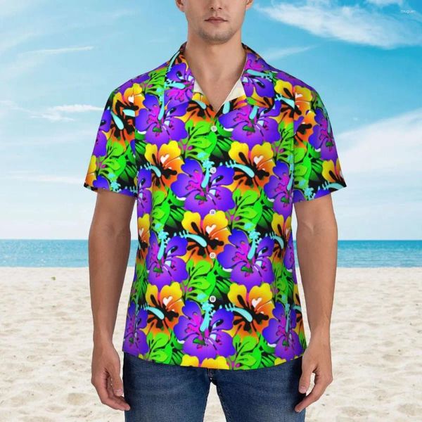 Chemises décontractées pour hommes chemises hawaïennes plage de fleur tropicale Blousses violet floral imprimé élégant hommes à manches courtes harajuku top