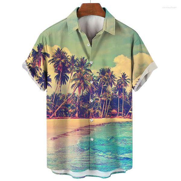 Camisas informales para hombre, camisa hawaiana con estampado de árbol de coco para playa para hombre, Top de manga corta con botón de cuello Lopel, ropa de moda para hombre, blusas