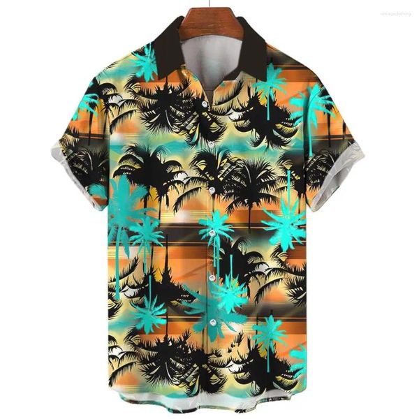 Camisas informales para hombre, camisa hawaiana, camisetas de manga corta con árbol de coco, cuello abotonado a la moda, blusa, ropa masculina de verano