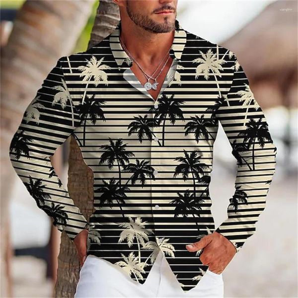 Camisas casuales para hombres Camisa hawaiana Patrón de rayas de coco Aligerado Gris claro Calle Botón de manga larga Diseño de ropa Suave 6XL