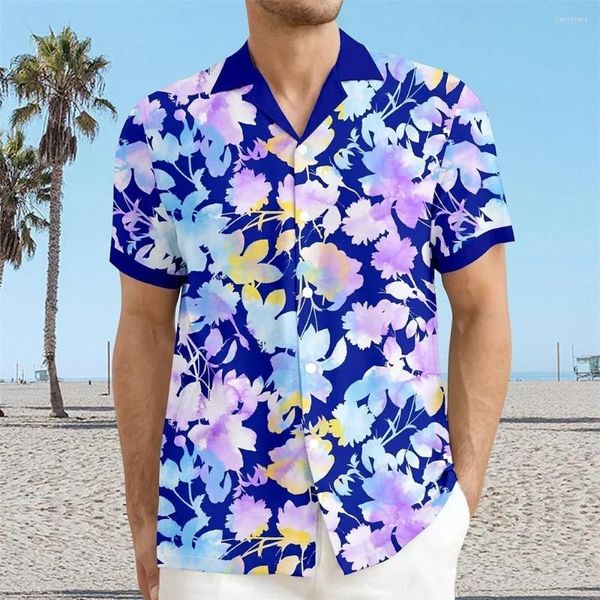 Chemises décontractées pour hommes chemises hawaïennes confortables et doux tissu 3D imprimé motif de fleurs bleues à manches courtes et à la taille de la taille