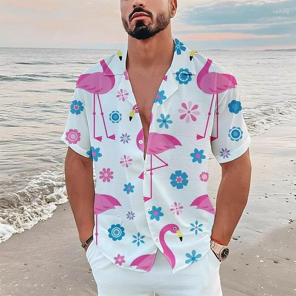 Camisas casuales para hombres Camisa hawaiana Patrón de flamenco floral Estampado de manga corta Botón Ropa Calle de moda tropical