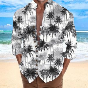Chemises décontractées pour hommes chemise hawaïenne pour hommes arbre de noix de coco imprimé col Aloha bouton à manches longues vêtements pour hommes plage vacances Blouse hauts