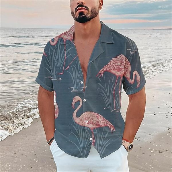 Chemises décontractées pour hommes Chemise hawaïenne Col boutonné pour hommes Manches courtes Unisexe Flamingo 3D Imprimé Summer Beach Taille européenne XS-5XL