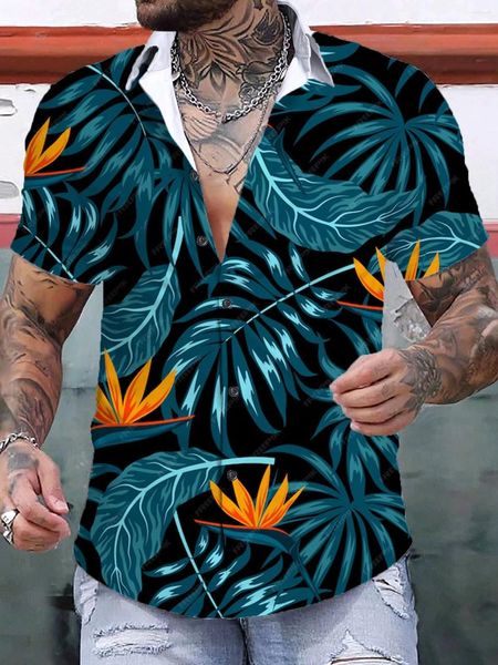 Camisas casuales para hombres Camisa hawaiana Verano Plantas tropicales Estampado Tops de manga corta Ropa de gran tamaño para vacaciones junto al mar Ropa de un solo pecho