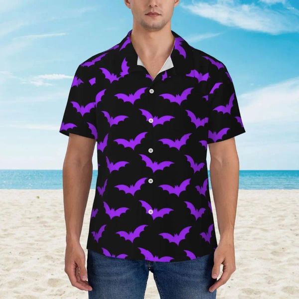 Chemises décontractées pour hommes Chemise hawaïenne Vacances Purple Bat Imprimer Blouses Halloween Modèle Élégant Mens à manches courtes Y2K Tops drôles