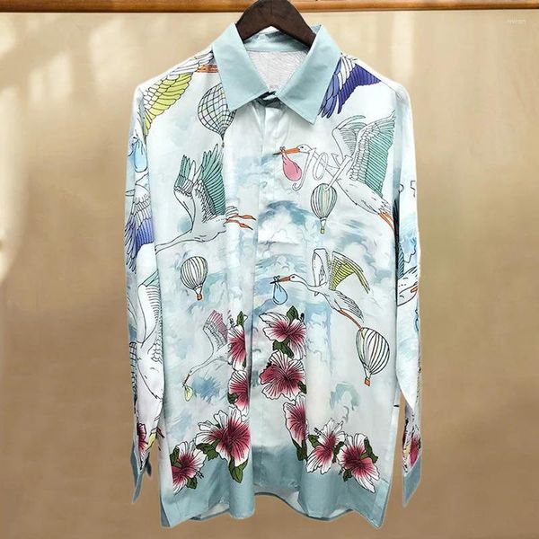 Camisas casuales para hombres Camisa hawaiana Vintage Animal Bird Print Manga larga Vacaciones Hombres Slim Mode Chemise Homme Vestido Blusa Ropa de marca