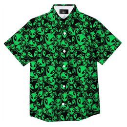 Casual shirts van heren Hawaiiaanse shirts voor mannen Alien hoofdafdruk Green en zwarte shirts Beach korte mouw zomer casual button up Hawaii shirts 240424