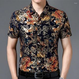 Chemises décontractées pour hommes style hawaïen 80% de soie à manches courtes de la soie des deux côtés fleur de la nation chinoise 2024 Vêtements d'été de plage