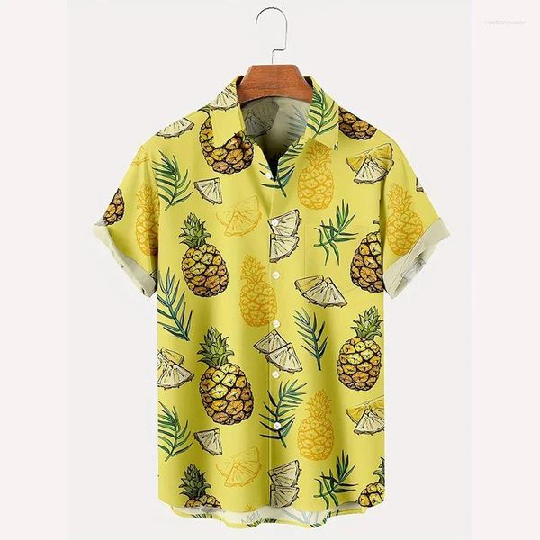 Chemises décontractées pour hommes Style hawaïen Ananas jaune Chemise imprimée en 3D à manches courtes Revers Mode Vacances Top Aloha Outfit