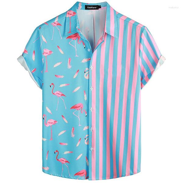 Camisas casuais masculinas verão havaiano bicolor casuald manga curta padrão de impressão roupas leve botão-para baixo camisa masculina oversized