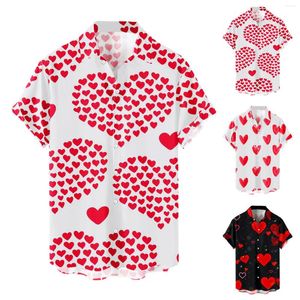 Heren casual shirts hart liefde stippen print heren shirt Valentijnsdag zomer korte mouw blouse knop witte kleding feestjurk mannelijke tops