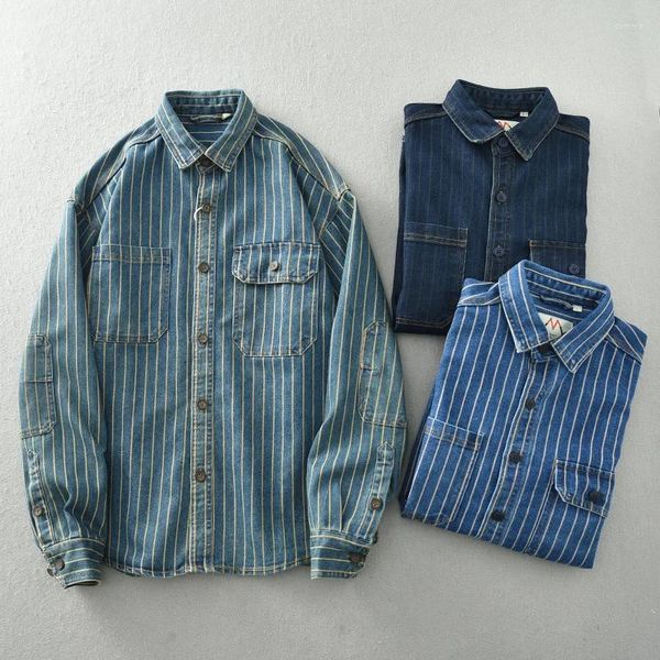 Camisas casuales para hombres Camisa de mezclilla de rayas verticales lavadas vintage japonesas pesadas Chaqueta de manga larga de algodón de gran tamaño suelta