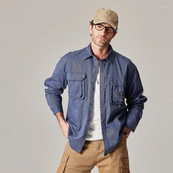 Chemises décontractées pour hommes Chemise en denim lavé lourd Lâche Style américain Rétro Vieille veste à manches longues