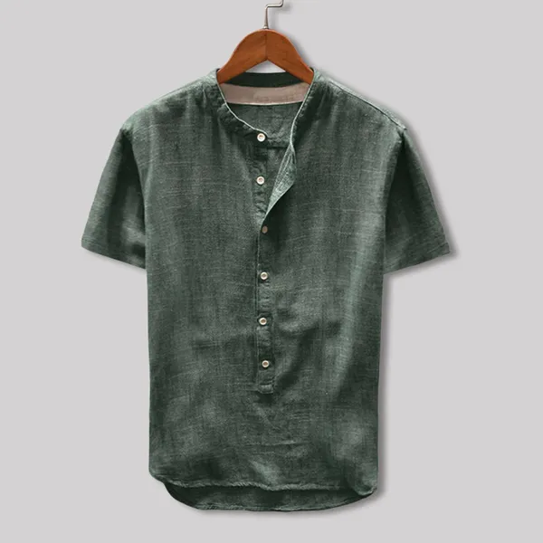 Chemises décontractées pour hommes Helisopus hommes coton lin automne marque chemise à manches courtes col mandarin couleur unie rétro t-shirts 2024