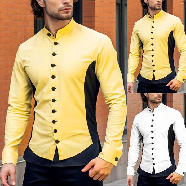 Camisas casuales para hombres Henley Collar Color a juego Camisa de manga larga para hombres Moda para hombre Cómodo bolsillo Vestido de trabajo Streetwear Tops