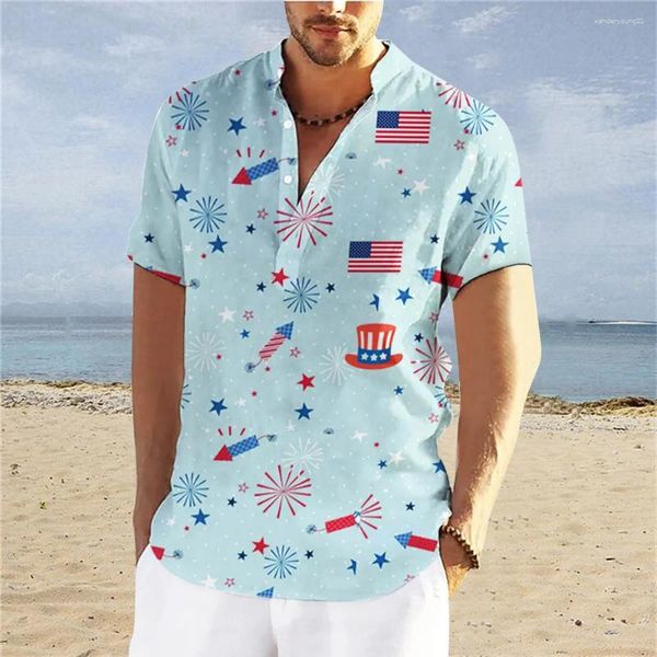 Camisas casuales para hombres Camisa Henley Camiseta de manga corta de verano Bandera de EE. UU. Impresión Moda Hombres Ropa Street Trend Tops Harajuku de gran tamaño