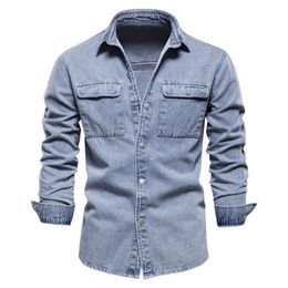 Camisas casuales para hombres Herren Baumwolle Langarm Regular Fit Button Down Cowboy Jean Jacken HemdMen's