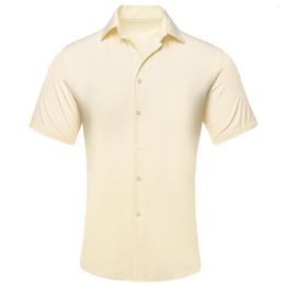 Chemises décontractées pour hommes Salut-Cravate Beige Jaune Manches courtes Hommes Jacquard Solide Soie Printemps Été Hawaii Micro Élastique Chemise Chemisier Pour Homme Cadeau