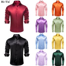 Chemises décontractées pour hommes Hi-cravage Bourgogne à manches longues en soie satin satin Blouse formelle chemise noire de luxe Designer masculin