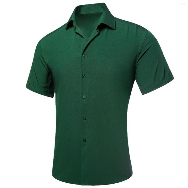 Camisas casuales para hombres Hi-Tie Verde oscuro Sólido Seda lisa Mangas cortas para hombres Primavera Verano Camisa hawaiana Regalo masculino Transpirable Suave formal