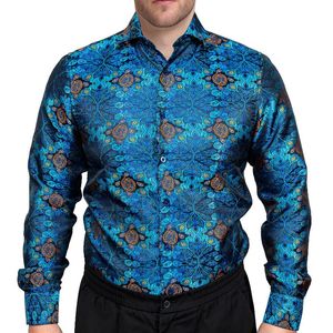 Camisas casuales para hombres Hi-Tie para hombres Navy Paisley Soft Gold Mens Floral Tejido Manga completa Seda Vestido de novia de moda de alta calidad