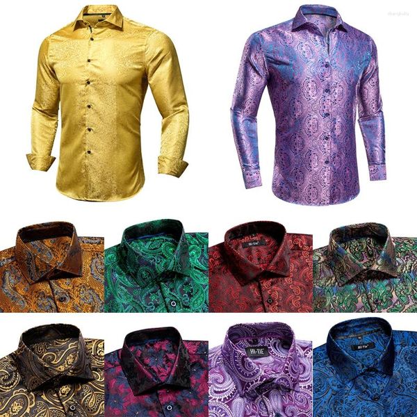 Chemises décontractées pour hommes Hi-Tie Gold Luxury Mens Silk Jacquard Haubaise à manches longues Shirt Forme pour les cadeaux d'entreprise de mariage masculin