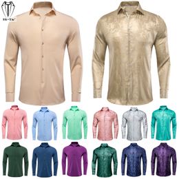 Casual shirts voor heren hi-tie jacquard zijden heren met lange mouwen slanke revers jurk shirt blouse geel blauw munt roze roze groen groen bruin 230227