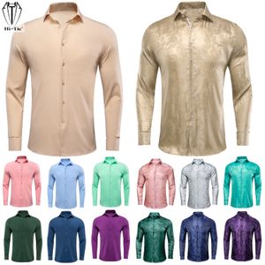 Camisas casuales para hombres Hi-Tie Jacquard Seda Camisas para hombre Manga larga Slim Solapa Vestido Traje Camisa Blusa Casual Amarillo Azul Menta Rosa Púrpura Verde Marrón 230901