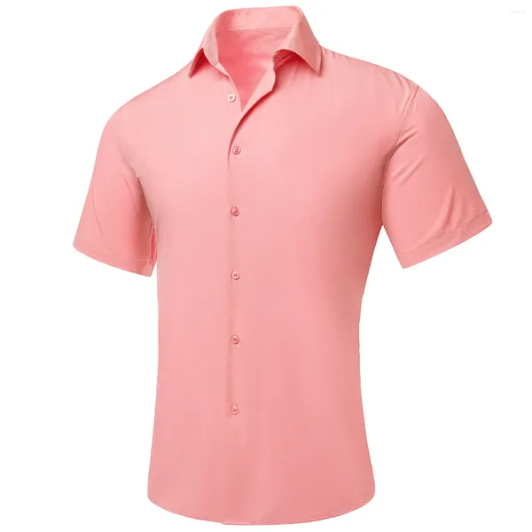 Chemises décontractées pour hommes Hi-Tie Peach Rose Solide Soie Soie Manches courtes Hommes Printemps Été Hawaii Chemise Mâle Respirant Doux Cadeau Formel