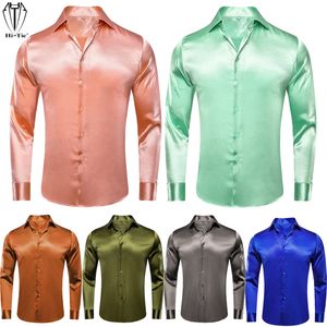 Casual shirts voor heren hi-tie gewoon satijn zijden heren jurken shirts met lange mouw pak shirt casual formele blouse pure massief rosé goud perzik roze mint wit 230225