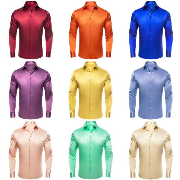 Camisas casuales para hombres Hi-Tie Plain Silk para hombre Traje de manga larga Camisa de vestir Blusa masculina para bodas Negocios Prom Outwear Verano Primavera Hawaii