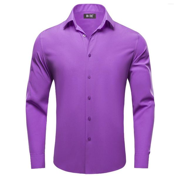 Chemises décontractées pour hommes Hi-Tie Purple Silk Mens Solid Formel Revers à manches longues Mâle Blouse Costume Chemise pour les affaires de mariage Respirant surdimensionné