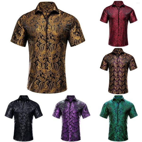 Camisas casuales para hombres Hi-Tie Mangas cortas Seda para hombre Jacquard Floral Paisley Primavera Verano Botón Camisa Cómoda Hombre Boda Negocio