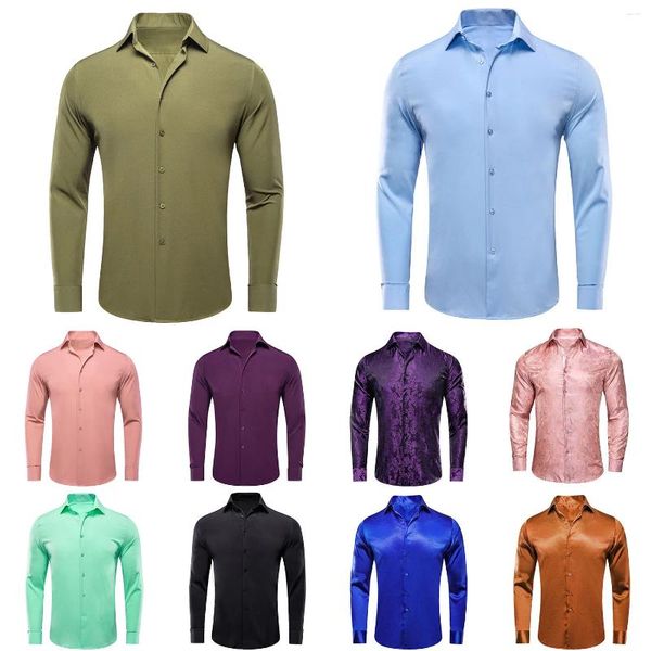 Chemises décontractées pour hommes Hi-Tie Soie à manches longues Vert foncé Bleu Rose Violet Blanc Noir Robe de revers Chemise de mariage Cadeaux de fête d'affaires