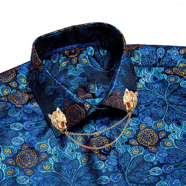 Camisas casuales para hombres Hi-Tie Silk Men Shirt Exquisito Teal Blue Manga larga Slim Fit Paisley Jacquard Primavera Otoño para regalo de fiesta de negocios