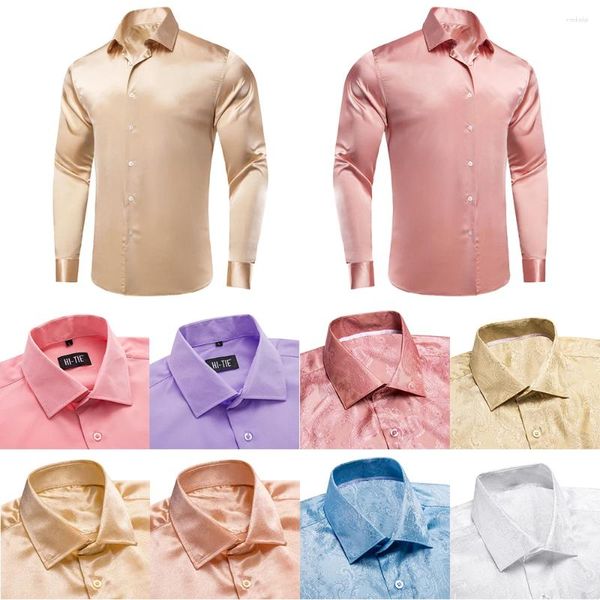 Camisas casuales para hombres Hi-Tie Seda Moda para hombre Marrón Manga larga Sólido Cuello de cobertura Slim Fit Camisa para hombre Fiesta de negocios de alta calidad