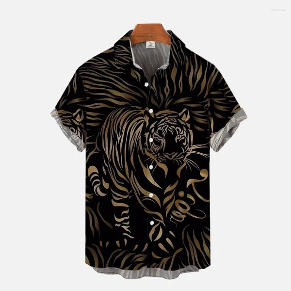 Camisas casuales para hombres Camisa de cultura con estampado 3D de tigre fresco negro y dorado de gama alta Estilo de verano Top hawaiano de manga corta