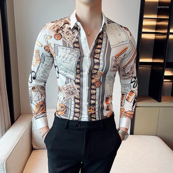 Camisas informales para hombre, camisa con estampado de alta gama, camisa de lujo ajustada para baile de graduación, club nocturno, camisa para hombre, M-4XL, manga larga, seda, coreano, Formal para hombre