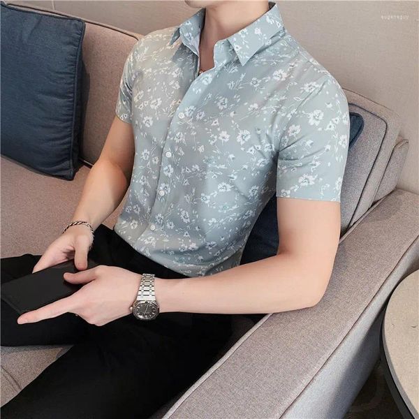 Camisas informales para hombre, camisa de manga corta ajustada de gama alta, vestido transpirable y ultrafino con estampado estampado, elegante Top verde
