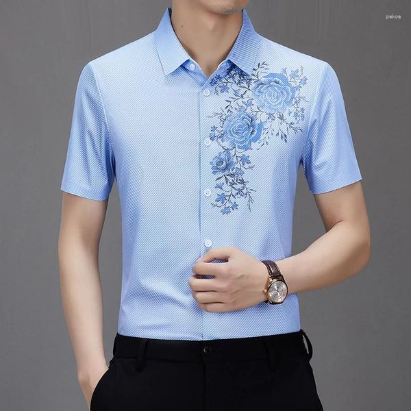 Camisas casuales para hombres Camisa de estampado de flores de alto grado 2024 Summer sin costuras Cantidad de manga corta Impresión de moda Vestido masculino