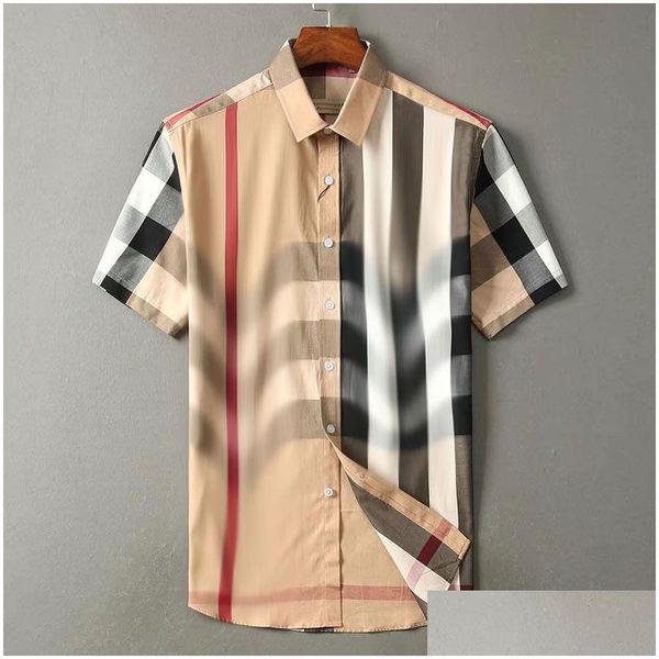 Chemises décontractées pour hommes Chemise de haute qualité pour hommes Burbereys Camisas de Hombre Mode Géométrique Check Imprimer À Manches Courtes Revers B Dhr7K