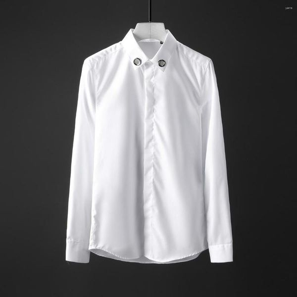 Chemises décontractées pour hommes Bijoux de luxe de haute qualité Dernières conceptions de robe à manches longues Simple Mode Chemise en coton blanc pour Mengood